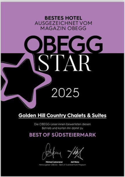 Die Auszeichnung des OBEGG MAGAZINS für Golden Hill zum "Best of Südsteiermark"